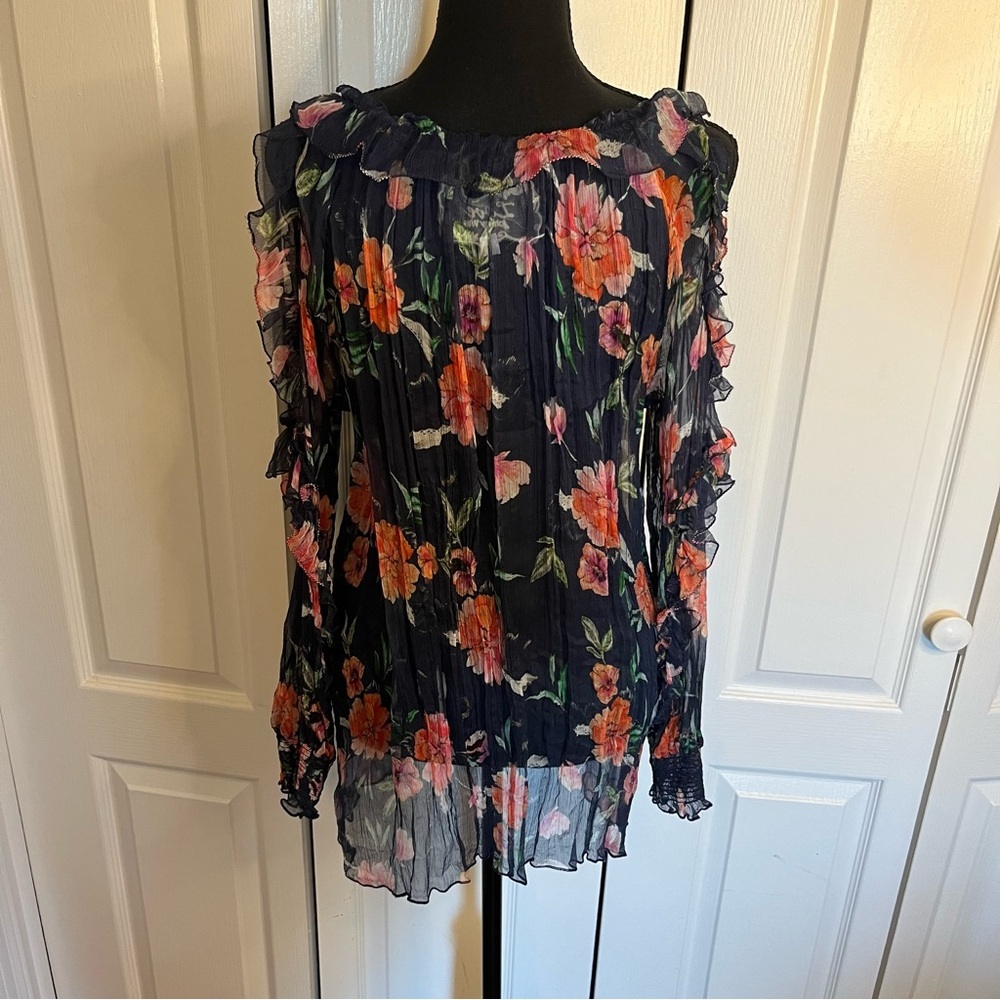 Johnny Was love Desi  100% Silk Top Sz M Floral Sheer Boho Ruffle Tunic peasant - Picture 9 of 11
